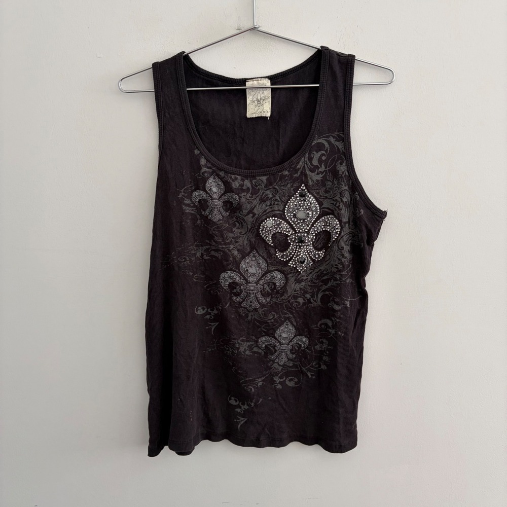 Affliction Womens Fleur De Lis Rhinestone Ribbed Tank Top Brown Y2K